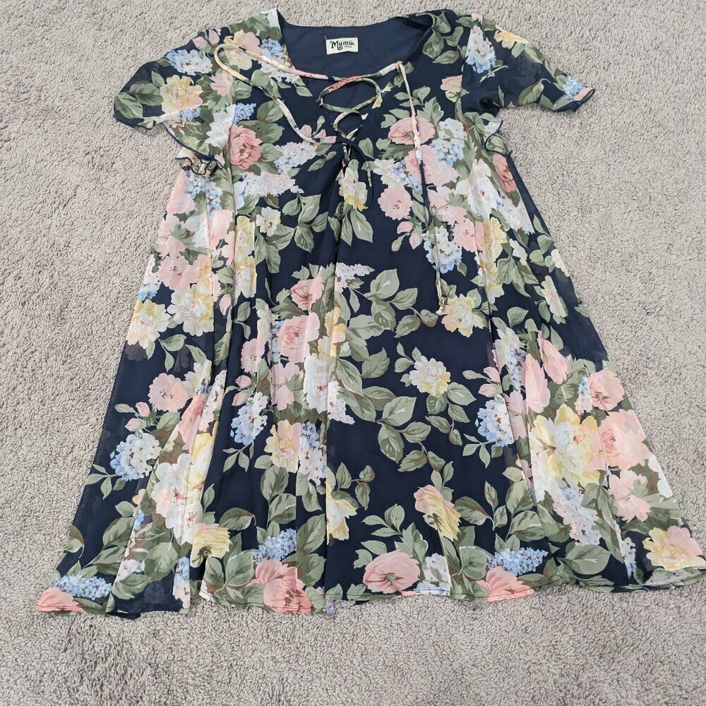Show Me Your Mumu Small Kylie Lace‎ Up Dress Blue with Pastel Floral